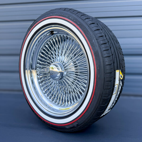 16x7-inch-wire-wheels-standard-chrome-with-whitewall-and-red-stripe-tires-side 16x7 wire wheels standard chrome 100 spoke + red stripe tires - side view