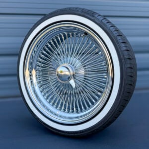 17x8-inch-wire-wheels-standard-chrome-100-spokes-with-custom-true-whitewall-tires 16x7" Wire Wheels Chrome Standard with whitewall tires