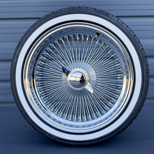 17x8-inch-wire-wheels-standard-chrome-100-spokes-with-custom-true-whitewall-tires-front 16x7" Wire Wheels Chrome Standard with whitewall tires - front view
