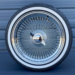 18x8-inch-wire-wheels-standard-chrome-100-spokes-with-custom-true-whitewall-tires-front 18x8" Wire Wheels Standard Chrome 100 Spoke + Custom True Whitewall Tires
