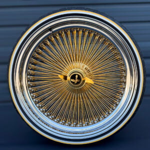 22x8-inch-wire-wheels-real-24k-california-gold-center-chrome-lip-255-30-22-whitewall-yellow-stripe-tires-black-eagle 22x8" wire wheels real 24k california thick gold plated + 255/30R22 custom whitewall and gold stripe tires