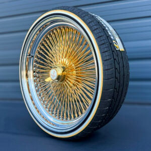 22x8-inch-wire-wheels-real-24k-california-gold-center-chrome-lip-255-30-22-whitewall-yellow-stripe-tires-black-side 22x8" wire wheels real 24k california thick gold plated + 255/30R22 custom whitewall and gold stripe tires - side view