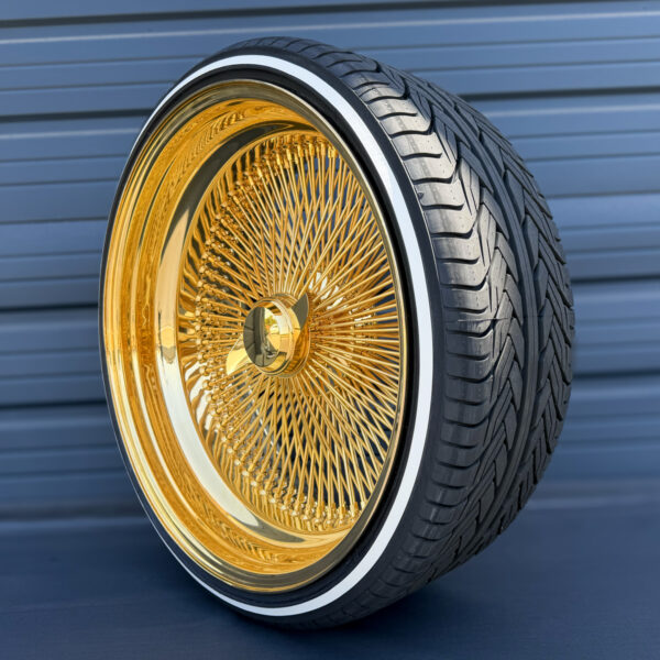 24x10" real gold wire wheels 204 spoke + 255/30R24 custom true whitewall tires - reverse offset