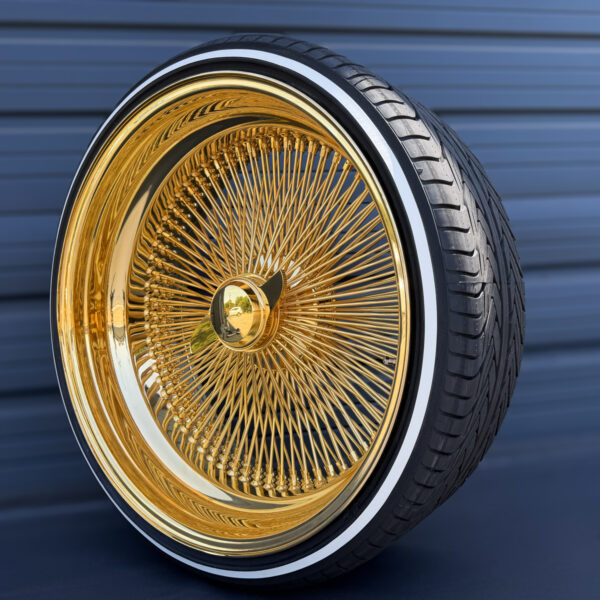 24x10-inch-wire-wheels-24k-gold-255-30-24-custom-true-whitewall-tires-side 24x10" real gold wire wheels 204 spoke + 255/30R24 custom true whitewall tires - side view