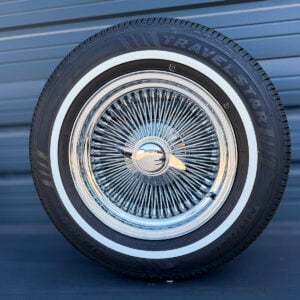 15x7-standard-chrome-wire-wheels-100-spoke-with-215-70-15-whitewall-tires-front-view 15x7 standard chrome wire wheels with 100 spoke