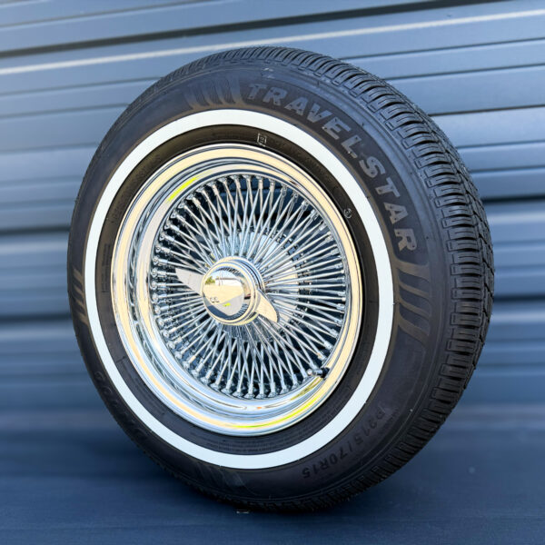 15x7 Standard Chrome 100-Spoke Wire Wheels & 215/70R15 Whitewall Tires Set