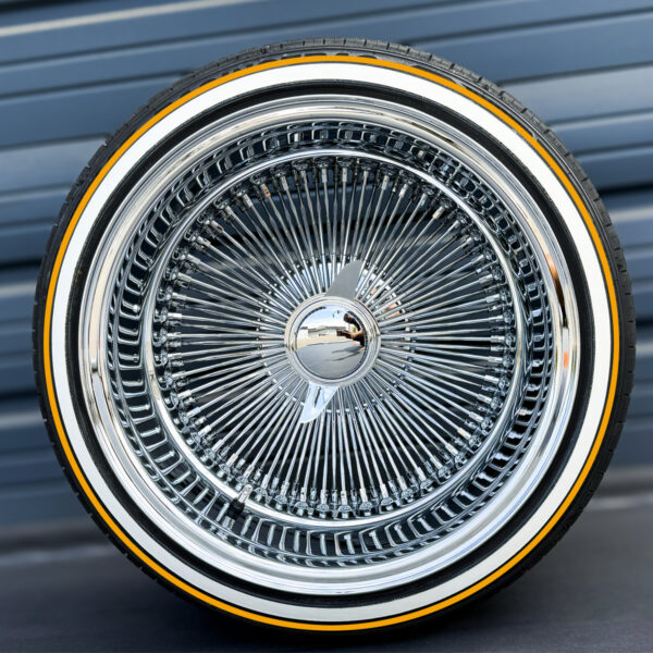 17x9-reverse-chrome-wire-wheels-100-spoke-with-whitewall-gold-stripe-tires 17x9 Reverse Chrome 100-Spoke Wire Wheels & White & Gold stripe Tires Set
