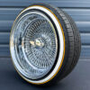 17x9-reverse-chrome-wire-wheels-100-spoke-with-whitewall-gold-stripe-tires-side-view Deep dish negative offset chrome wire wheel side view showing outer lip barrel depth