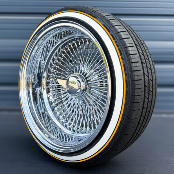 17x9-reverse-chrome-wire-wheels-100-spoke-with-whitewall-gold-stripe-tires-side-view Deep dish negative offset chrome wire wheel side view showing outer lip barrel depth
