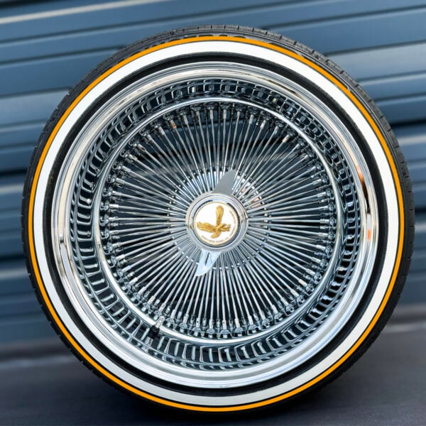 17x9-reverse-chrome-wire-wheels-100-spoke-with-whitewall-gold-stripe-tires-with-gold-eagle-chip 17x9 reverse chrome 100 spoke wire wheel front view with true whitewall tire and gold stripe