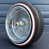 17x9-reverse-chrome-wire-wheels-100-spoke-with-whitewall-red-stripe-tires-side-view Deep dish negative offset chrome wire wheel side view showing outer lip barrel depth
