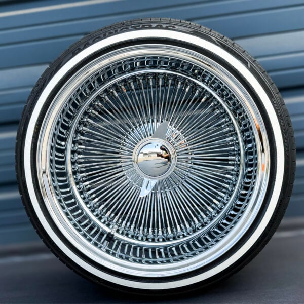 17x9-reverse-chrome-wire-wheels-100-spoke-with-whitewall-tires 17x9 reverse chrome 100 spoke wire wheel front view with true whitewall tire