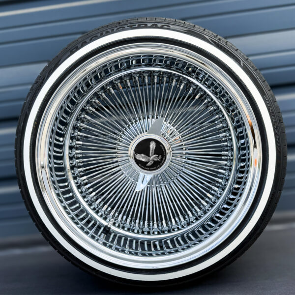 17x9-reverse-chrome-wire-wheels-100-spoke-with-whitewall-tires-with-black-eagle Custom wire wheel knock off spinner cap featuring black eagle center emblem chip