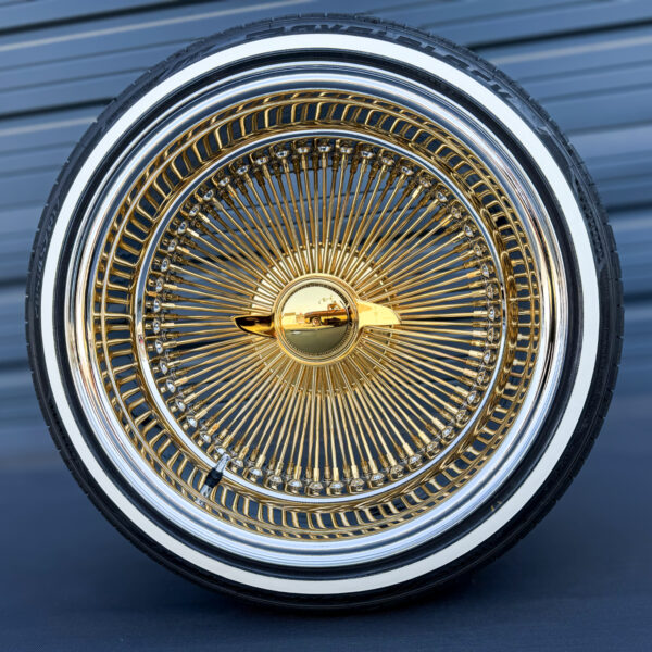 17x9-reverse-gold-center-100-spoke-wire-wheels-with-205-45-17-custom-true-whitewall-tires-front-view 17x9 reverse gold center 100 spoke wire wheel with 2-bar smooth gold knock-off