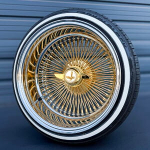 17x9-reverse-gold-center-100-spoke-wire-wheels-with-205-45-17-custom-true-whitewall-tires-white-and-gold-eagle-chip 17x9 reverse gold center 100 spoke wire wheel with white and gold eagle metal chip