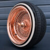 17x9-reverse-rose-gold-100-spoke-wire-wheels-with-205-45-17-custom-true-whitewall-tires 17x9 rose gold reverse wire wheel with 2-bar smooth knock-off