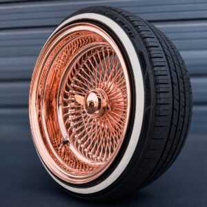 17x9-reverse-rose-gold-100-spoke-wire-wheels-with-205-45-17-custom-true-whitewall-tires 17x9 rose gold reverse wire wheel with 2-bar smooth knock-off