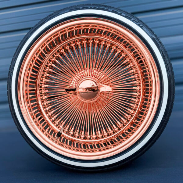 17x9-reverse-rose-gold-100-spoke-wire-wheels-with-205-45-17-custom-true-whitewall-tires-front-view rose gold wire wheels featuring 2-bar smooth rose gold