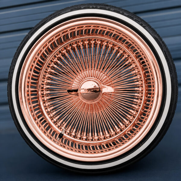 17x9-reverse-rose-gold-100-spoke-wire-wheels-with-205-45-17-custom-true-whitewall-tires-front-view 17x9 Reverse Rose Gold 100-Spoke Wire Wheels & Whitewall Tires Set