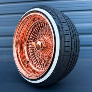 17x9-reverse-rose-gold-100-spoke-wire-wheels-with-205-45-17-custom-true-whitewall-tires-side-view 17x9 reverse wire wheels rose gold finish mounted on whitewall tires