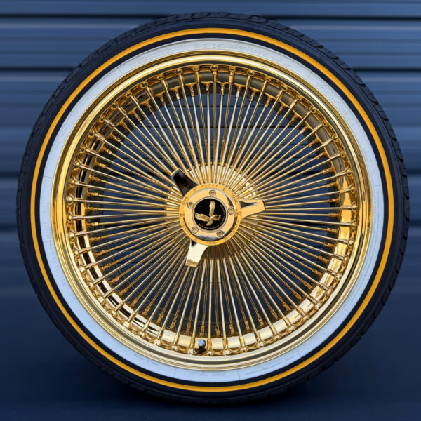 20x8-all-gold-wire-wheels-fwd-150-spoke-with-245-40-20-orignal-vogue-tires-front-view 20x8 FWD All-Gold 150-Spoke Wire Wheels & Vogue Tires Set (Real 24k Gold)