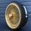 20x8-all-gold-wire-wheels-fwd-150-spoke-with-245-40-20-orignal-vogue-tires-front-view-side-view 20x8 fwd wire wheel 24k gold with 3-bar knock-off