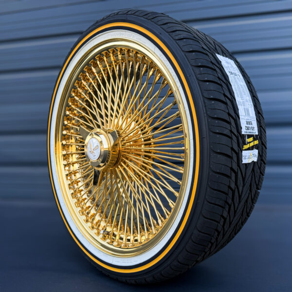 20x8-all-gold-wire-wheels-fwd-150-spoke-with-245-40-20-orignal-vogue-tires-front-view-side-view 20x8 fwd wire wheel 24k gold with 3-bar knock-off