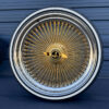 22-inch-standard-wire-wheels-gold-center-255-30-r22-custom-whitewall-tires-front-view 22x8 Gold Center 150-Spoke Wire Wheels & Whitewall Tires Set (Real 24k Gold)