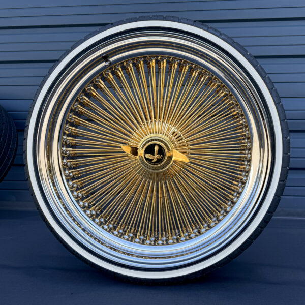22x8 Gold Center 150-Spoke Wire Wheels & Whitewall Tires Set (Real 24k Gold)