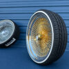 22-inch-standard-wire-wheels-gold-center-255-30-r22-custom-whitewall-tires-side-view side view 22s gold center with whitewall tire