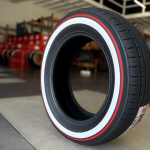 225-6-16-whitewall-red-stripe-tires-custom-handmade 16 inch custom true whitewall with red stripe on it