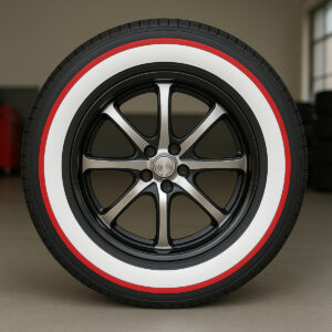245:40R19-whitewall-red-stripe-tries-side 19 inch tire with whitewall and red stripe tire installed