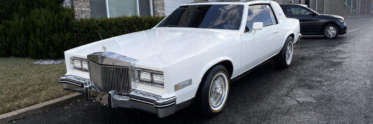 Cadillac Eldodardo on a 17x8 wire wheels chrome 100 spoke with vogue tires