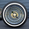 13x7-chrome-and-gold-spoke-and-chrome-lip-wire-wheel-whitewall-tire-set 13x7 reverse wire wheel diamond cut cali spoke with alternative gold and chrome spoke