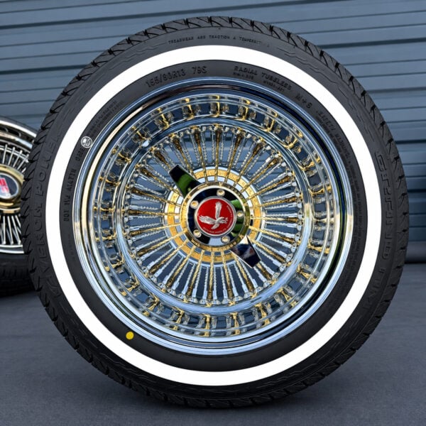 13x7 Reverse Gold & Chrome 100-Spoke Wire Wheels + Whitewall Tires – ShowTime Hub