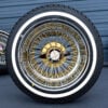 13x7-triple-gold-reverse-72-spoke-cross-lace-cali-spoke-diamond-cut-and-whitewall-tire-set 13x7 72 cross lace triple gold wire wheels cali spoke diamond cut