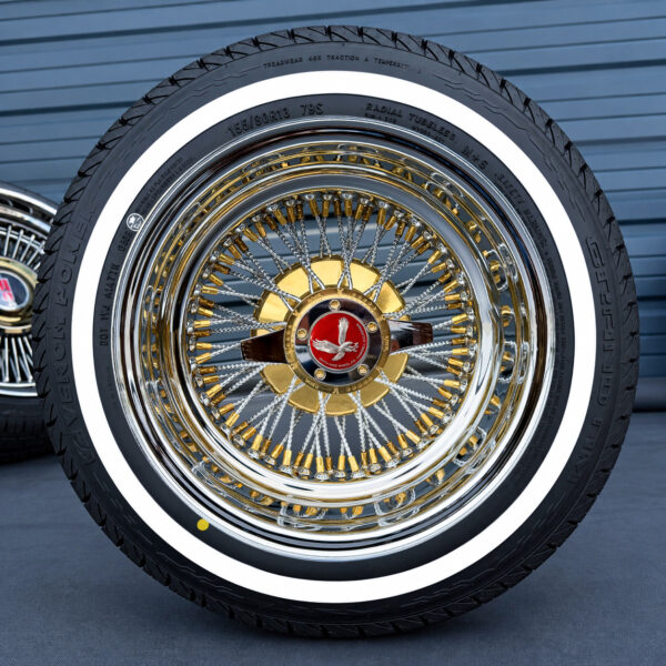 13x7 reverse triple gold wire wheels 72 cross lace with 2-bar knock-off