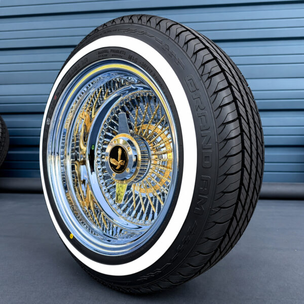 14x7 Reverse Gold & Chrome 100-Spoke Wire Wheels + True Whitewall Tires – ShowTime Hub