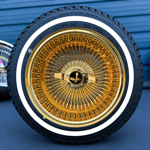 14x7-reverse-all-gold-100-spoke-wire-wheel-and-whitewall-tire-set-gold-eagle 14x7 all gold wire wheels with black eagle metal chip
