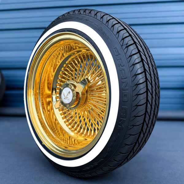 14x7-reverse-all-gold-100-spoke-wire-wheel-and-whitewall-tire-set-side-view 14x7 reverse all gold 24k gold wire wheels for chevy impala