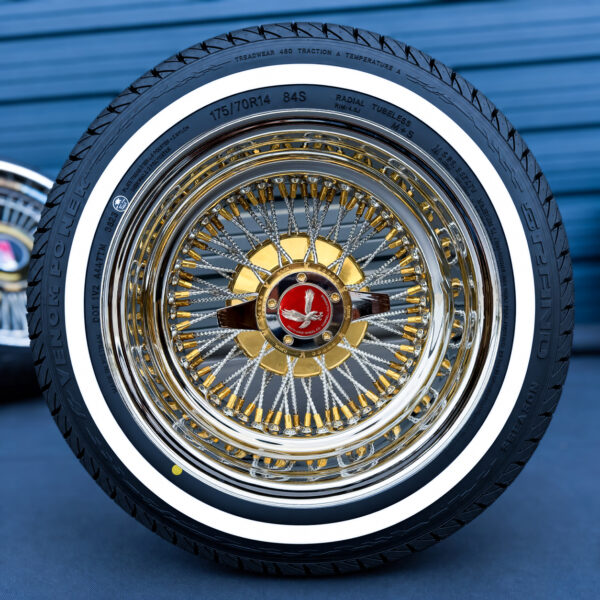 14x7-reverse-triple-gold-100-spoke-wire-wheel-cali-spoke-diamond-cut-and-whitewall-tire-set-red-eagle-chip 14x7 reverse 72 spoke cross lace triple gold wire wheels