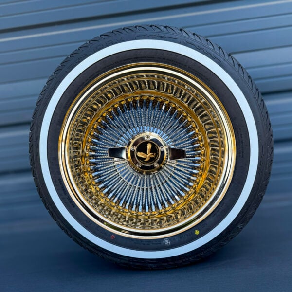 15x7-reverse-chrome-and-gold-diamond-cut-wire-wheels-100-spoke-cross-lace-with-whitewall-tires 15x7 reverse chrome spoke and gold lip wire wheels