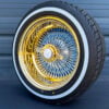 15x7-reverse-chrome-and-gold-diamond-cut-wire-wheels-100-spoke-cross-lace-with-whitewall-tires-side-view 15x7 Reverse Wire Wheels diamond cut cali spoke and gold lip