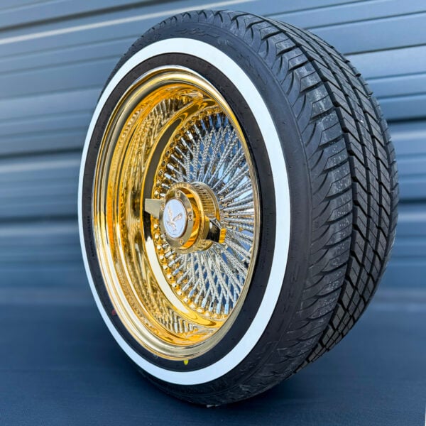 15x7-reverse-chrome-and-gold-diamond-cut-wire-wheels-100-spoke-cross-lace-with-whitewall-tires-side-view-eagle 15x7 Reverse 100 spokes diamond cut and whitewall tire