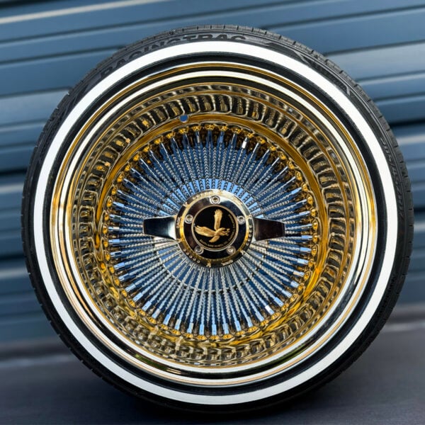 17x9-reverse-gold-lip-diamond-cut-spoke-wire-wheels-100-spoke-with-whitewall-tires 17x9 reverse wire wheels diamond cut spokes and whitewall tire