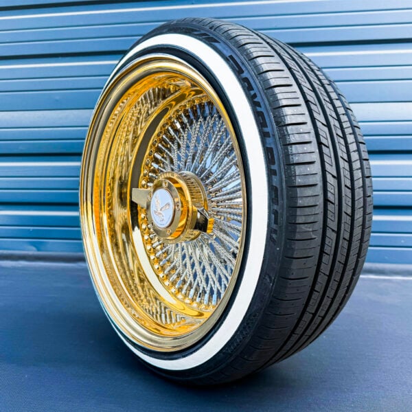 17x9-reverse-gold-lip-diamond-cut-spoke-wire-wheels-100-spoke-with-whitewall-tires-side-view 17x9 reverse chrome wire wheels with gold lip and chrome spoke