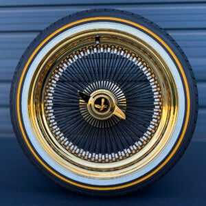 18x8-black-and-gold-wire-wheels-150-spoke-and-vogue-tire-set 18x8 black spoke wire wheels with gold lip