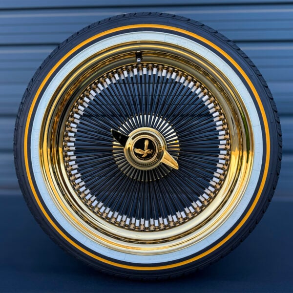 18x8-black-and-gold-wire-wheels-150-spoke-and-vogue-tire-set 18x8 black spoke wire wheels with gold lip