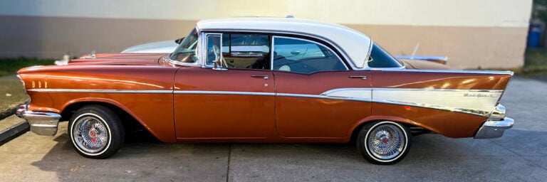 1957 Chevrolet Bel Air on 13x7 wire wheels with whitewall tires
