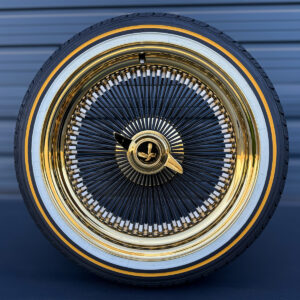20x8-black-and-gold-wire-wheels-150-spoke-and-vogue-tire-set 20x8 black spoke and gold lip wire wheel